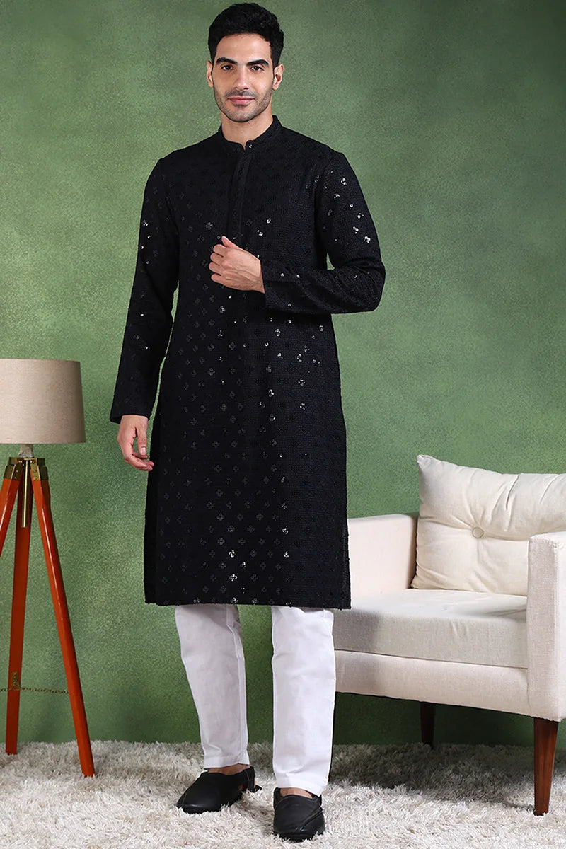 Black Embroidered Straight Mens Kurta - Indian Kurta for Men