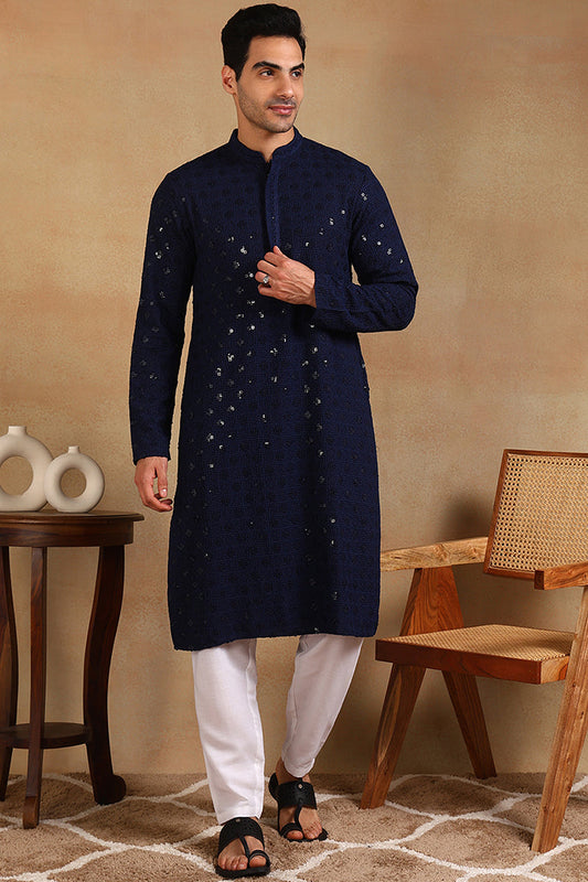 Ethnic Bay Navy Blue Viscose Rayon Solid Embroidered Straight Kurta For Men MKU1010BLU 800