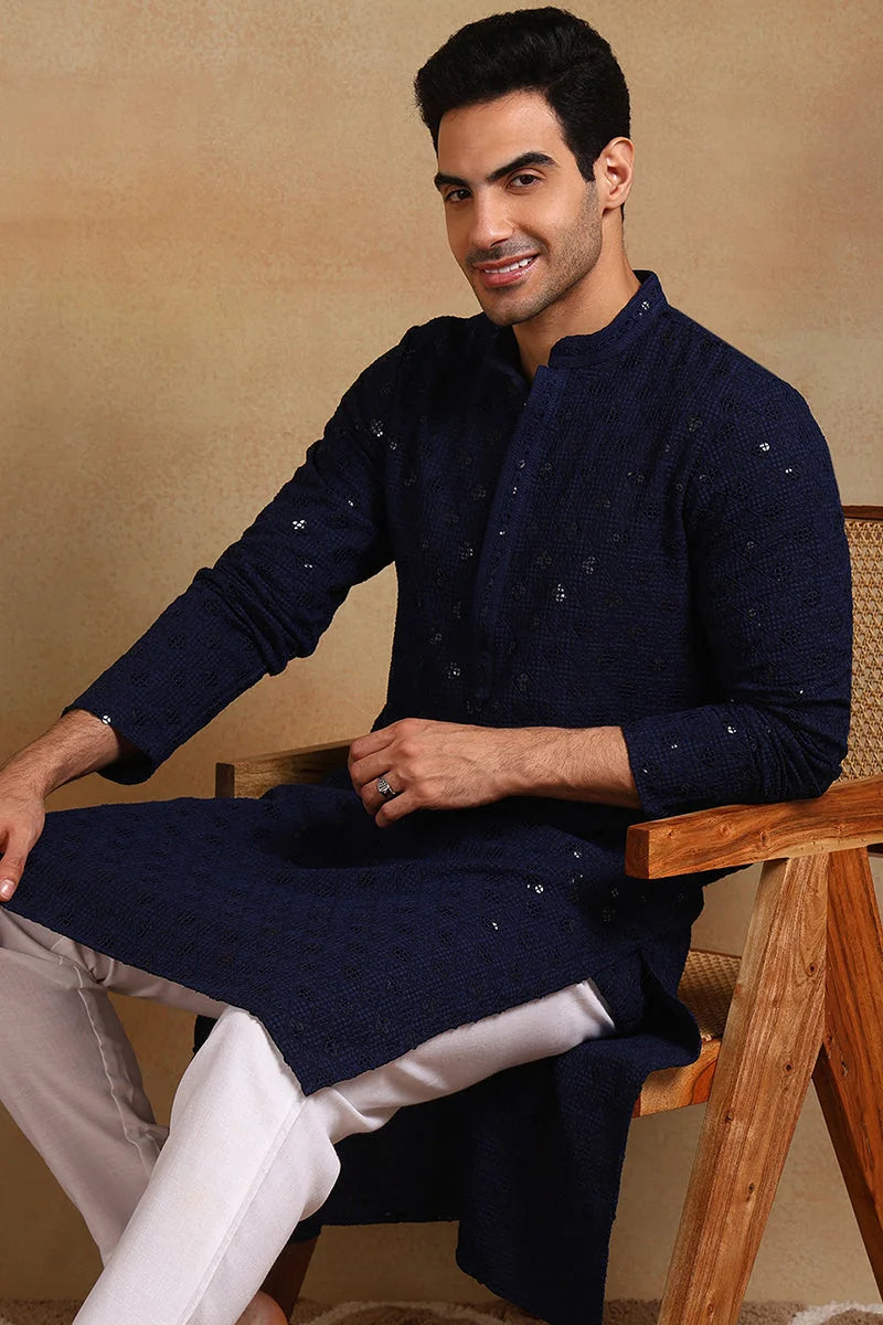 Navy Embroidered Mens Kurta - Indian Kurta for Men - Ethnic Bay - Style 1