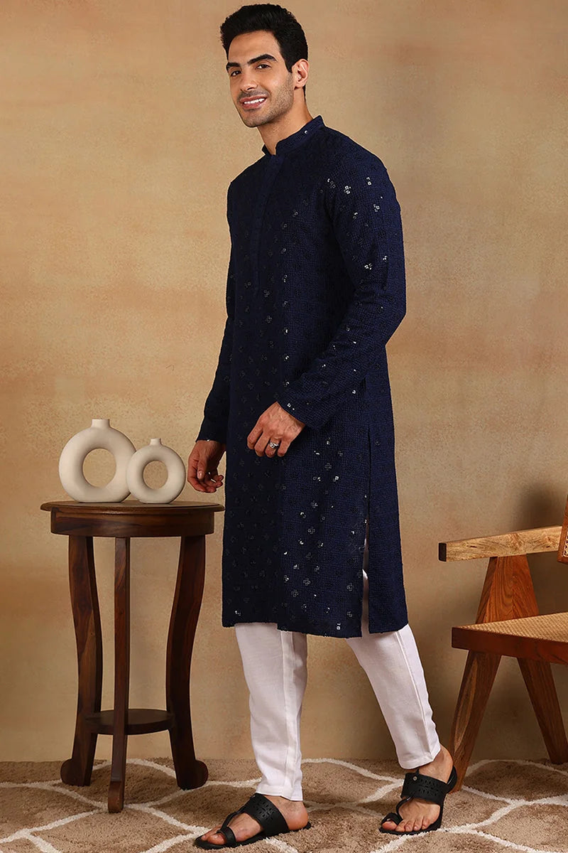 Navy Embroidered Mens Kurta - Indian Kurta for Men - Ethnic Bay - Style 1