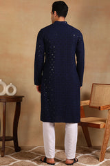 Ethnic Bay Navy Blue Viscose Rayon Solid Embroidered Straight Kurta For Men MKU1010BLU