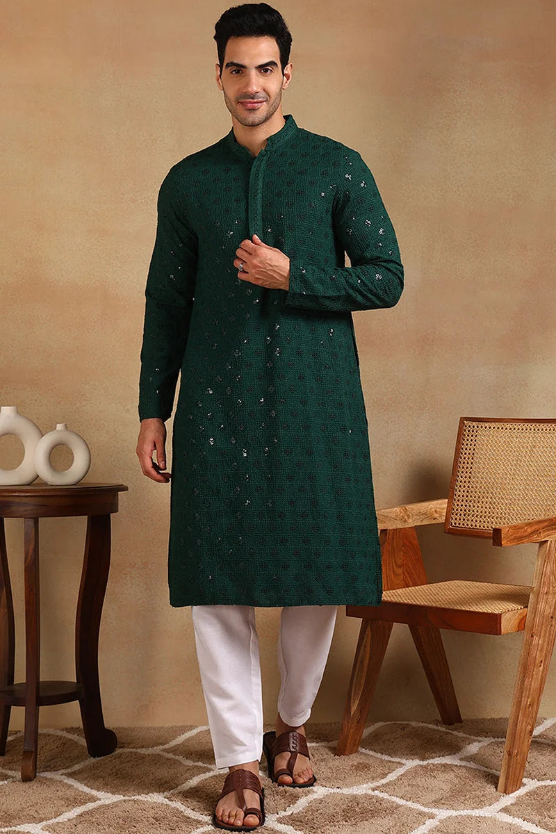 Green Embroidered Mens Kurta - Indian Kurta for Men Online