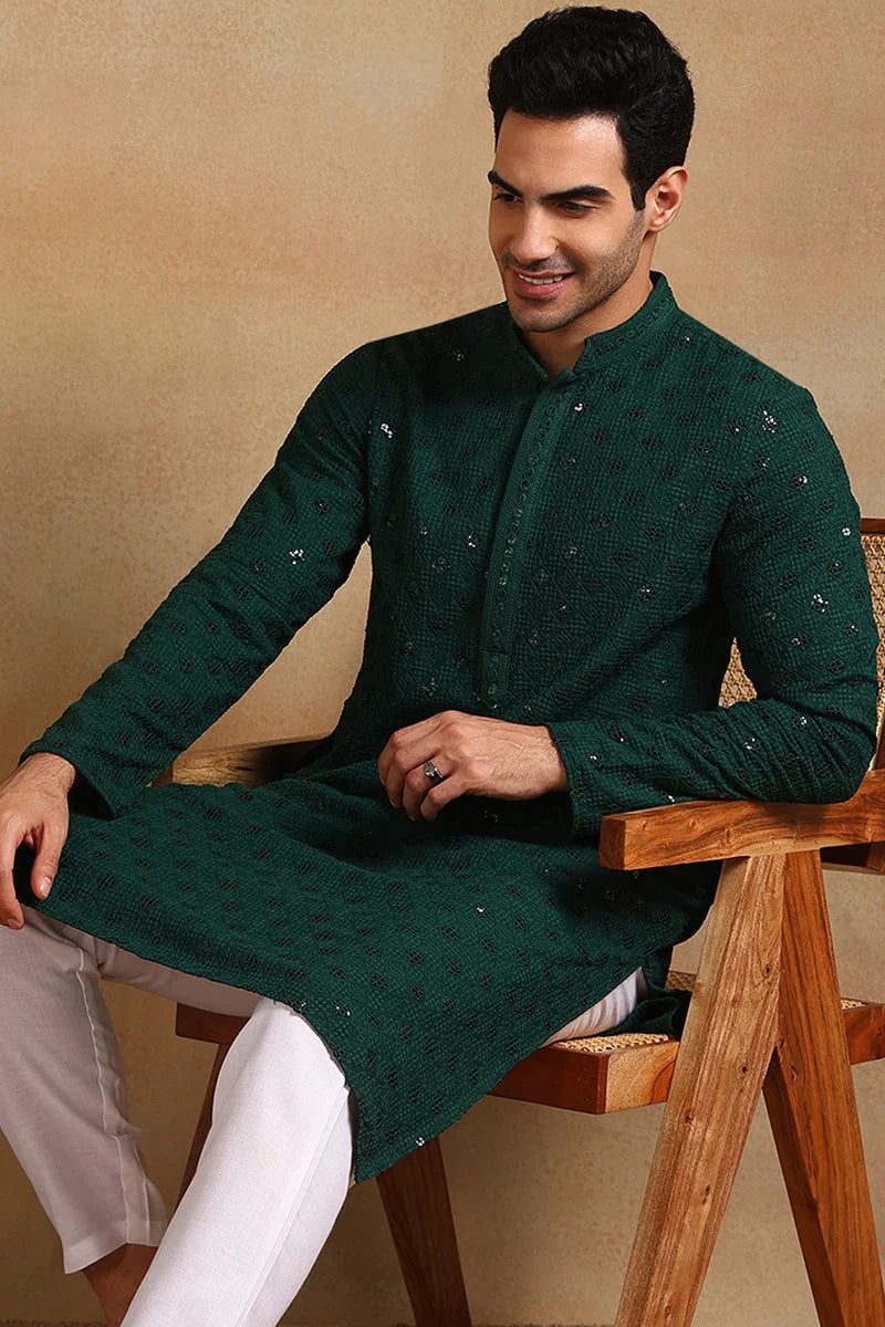 Green Embroidered Mens Kurta - Indian Kurta for Men Online