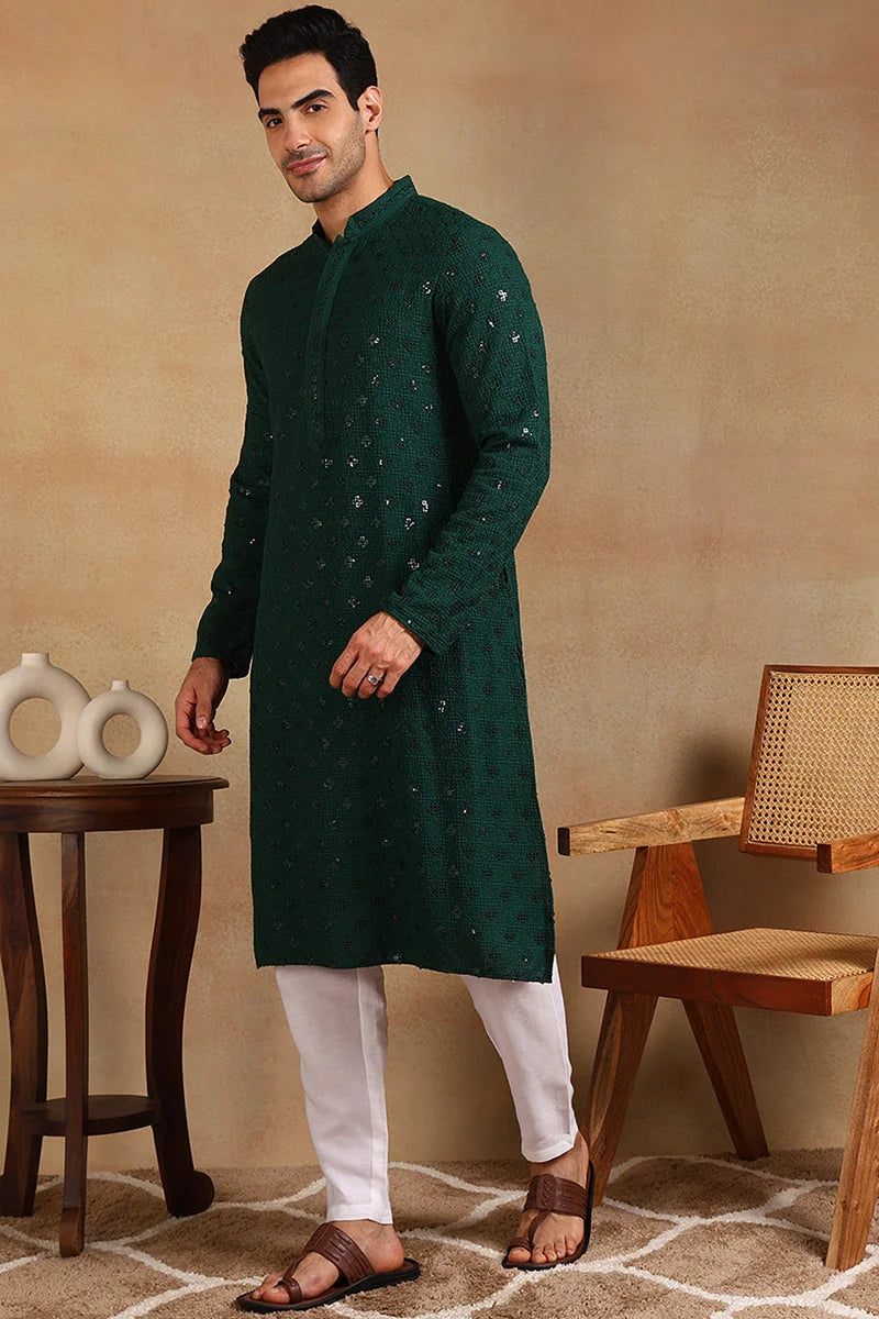 Green Embroidered Mens Kurta - Indian Kurta for Men Online