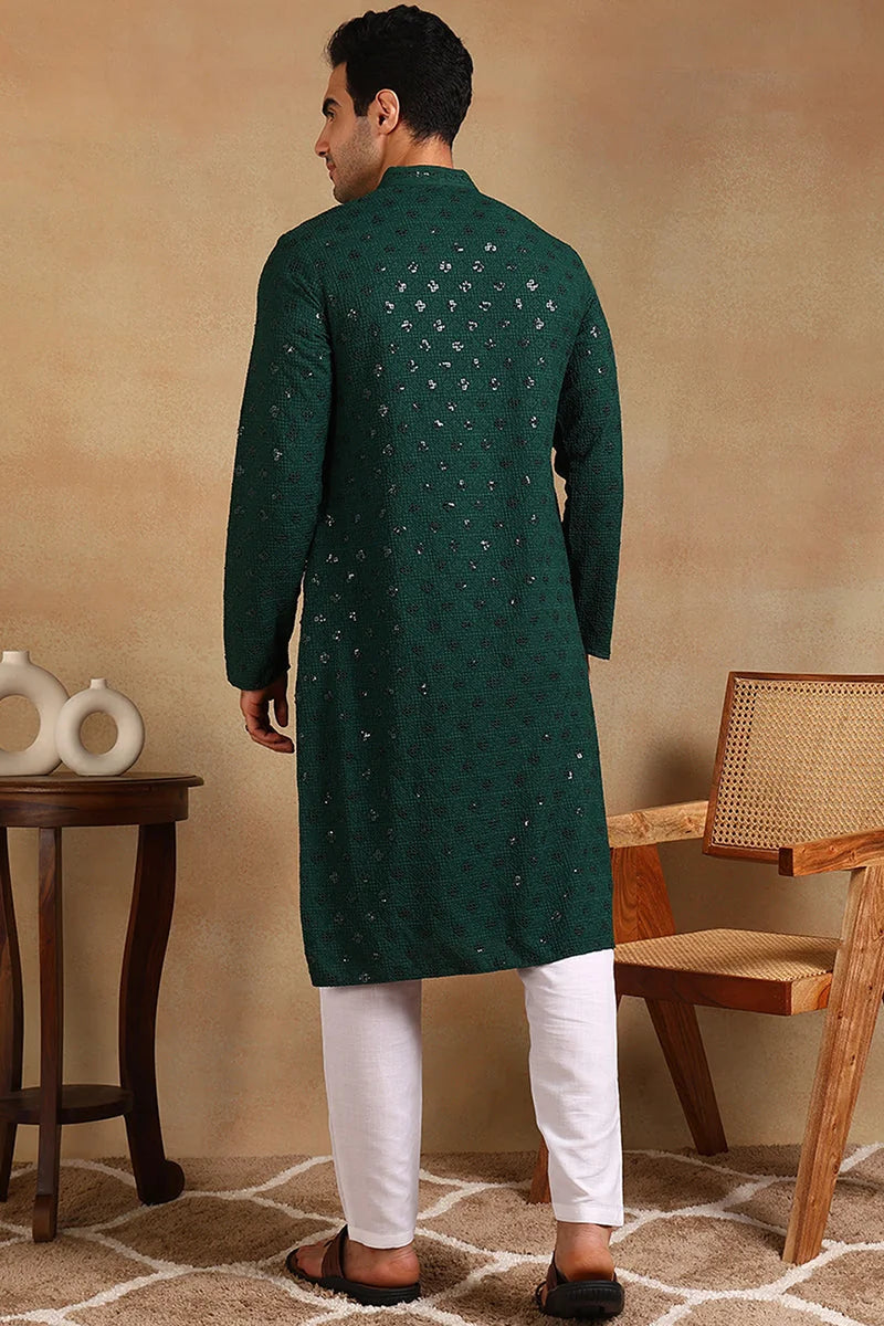 Green Embroidered Mens Kurta - Indian Kurta for Men Online
