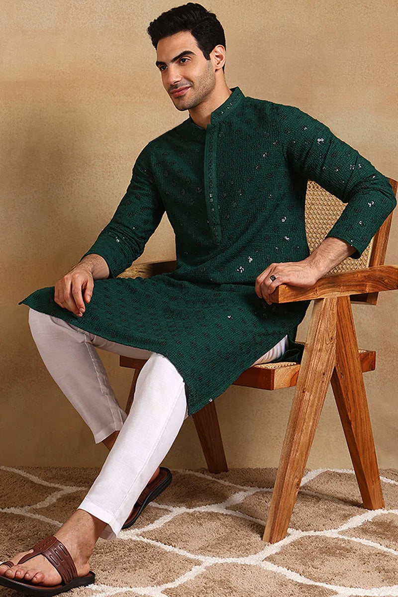Green Embroidered Mens Kurta - Indian Kurta for Men Online