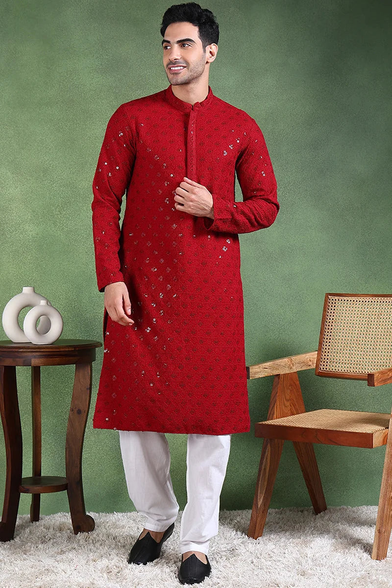 Maroon Embroidered Straight Mens Kurta - Indian Kurta for Men