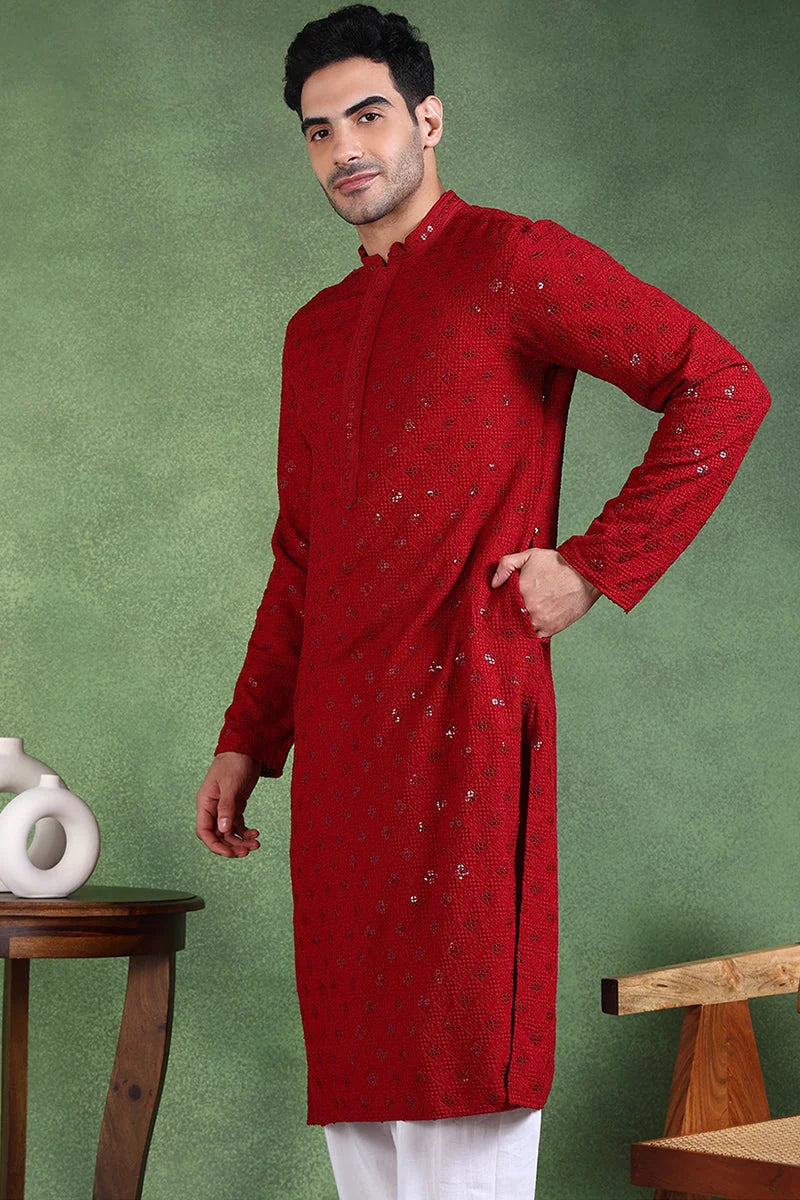Maroon Embroidered Straight Mens Kurta - Indian Kurta for Men