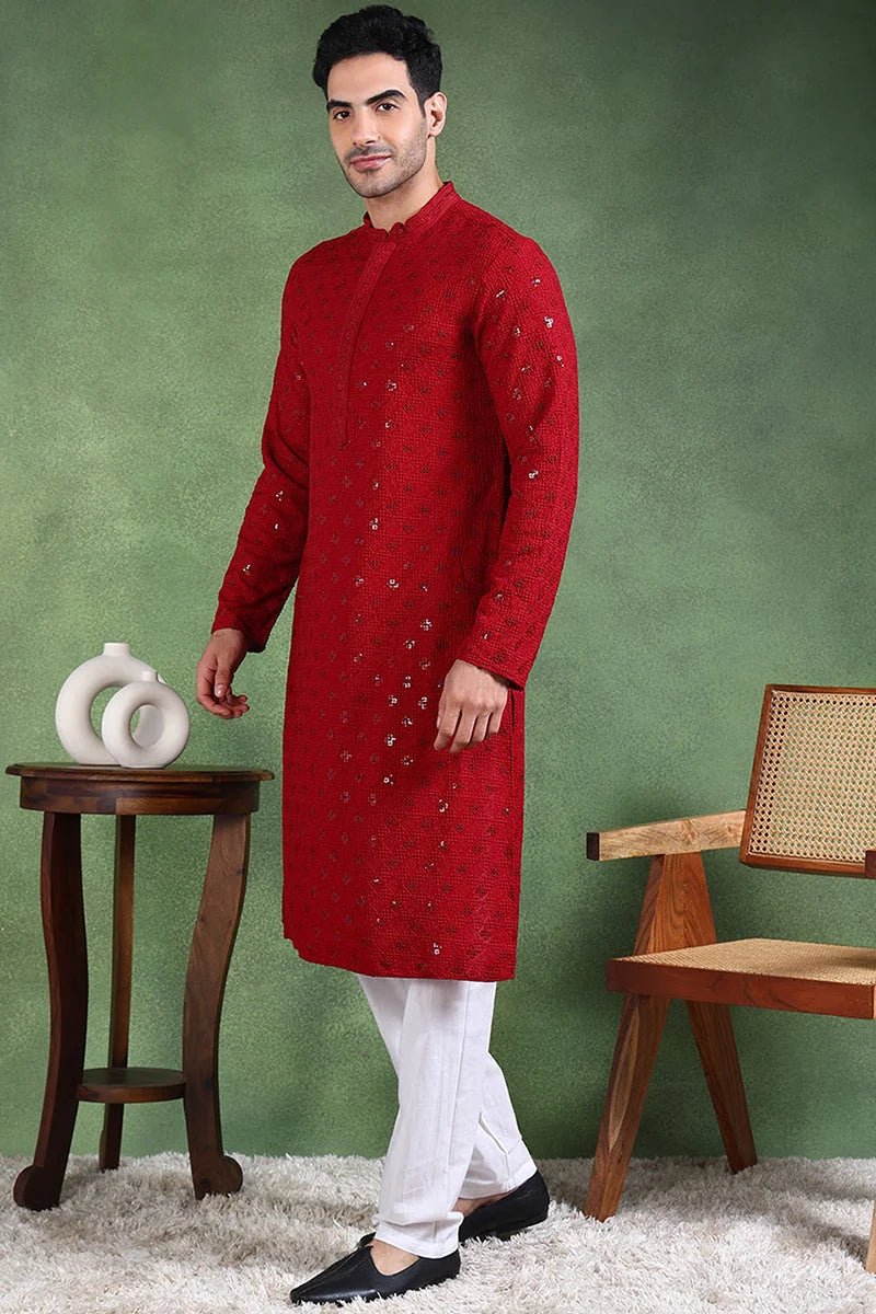 Maroon Embroidered Straight Mens Kurta - Indian Kurta for Men