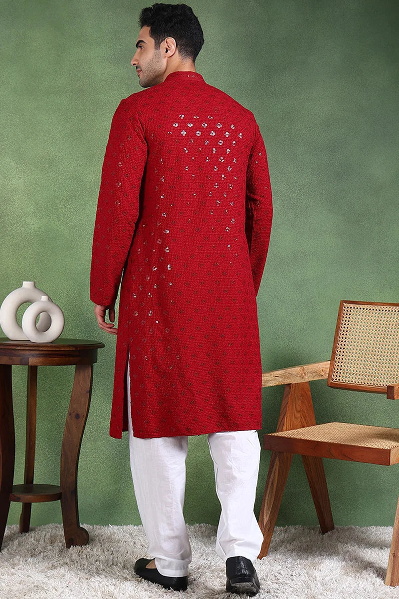 Maroon Embroidered Straight Mens Kurta - Indian Kurta for Men