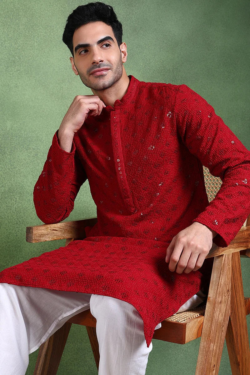 Maroon Embroidered Straight Mens Kurta - Indian Kurta for Men