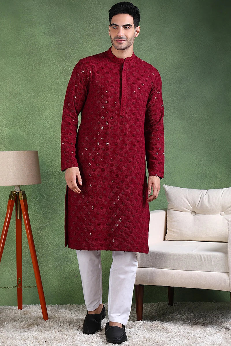 Wine Embroidered Mens Kurta - Solid Viscose Indian Kurta