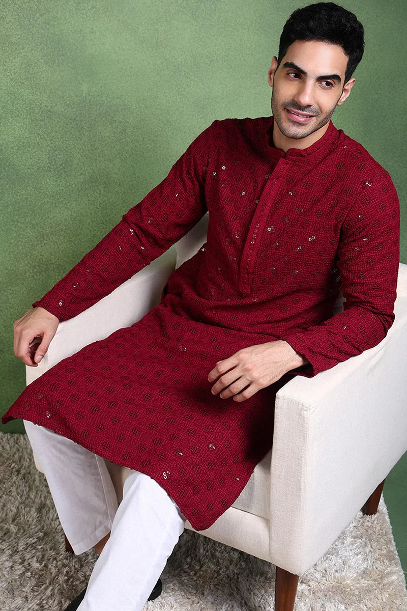 Wine Embroidered Mens Kurta - Solid Viscose Indian Kurta