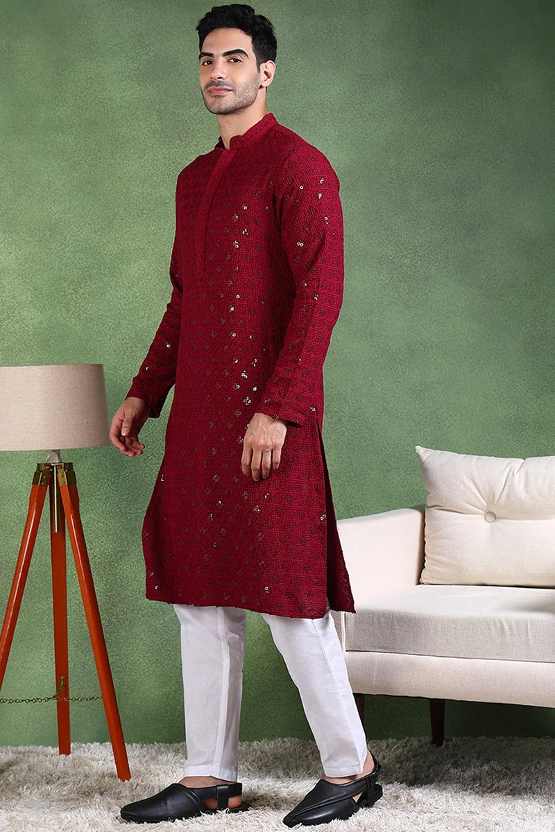 Wine Embroidered Mens Kurta - Solid Viscose Indian Kurta