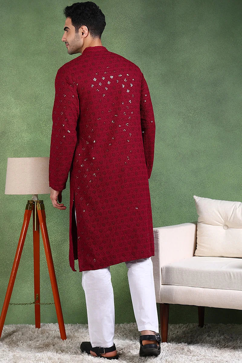 Wine Embroidered Mens Kurta - Solid Viscose Indian Kurta