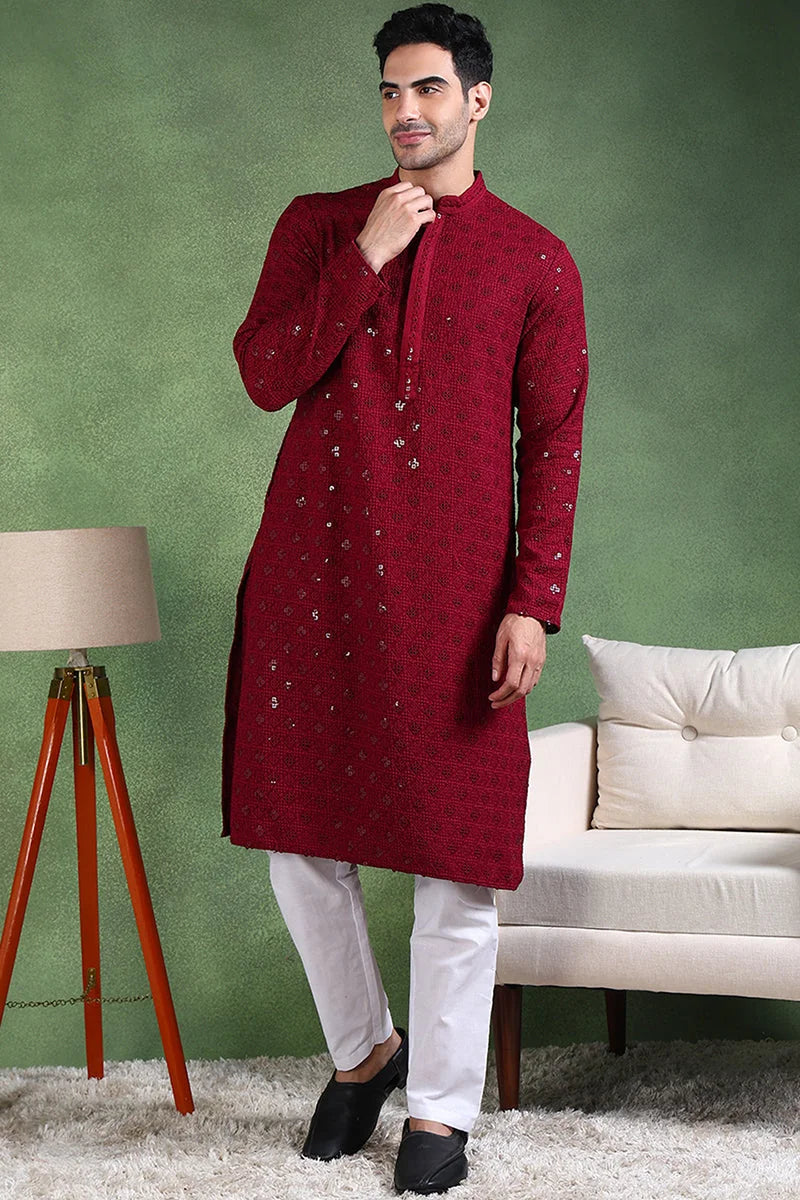 Wine Embroidered Mens Kurta - Solid Viscose Indian Kurta