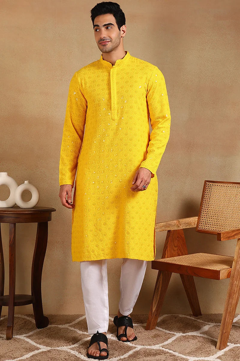 Yellow Embroidered Viscose Kurta for Men | Ethnic Bay