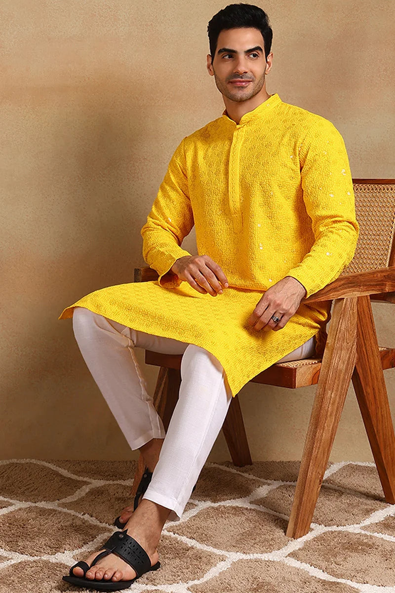 Yellow Embroidered Viscose Kurta for Men | Ethnic Bay