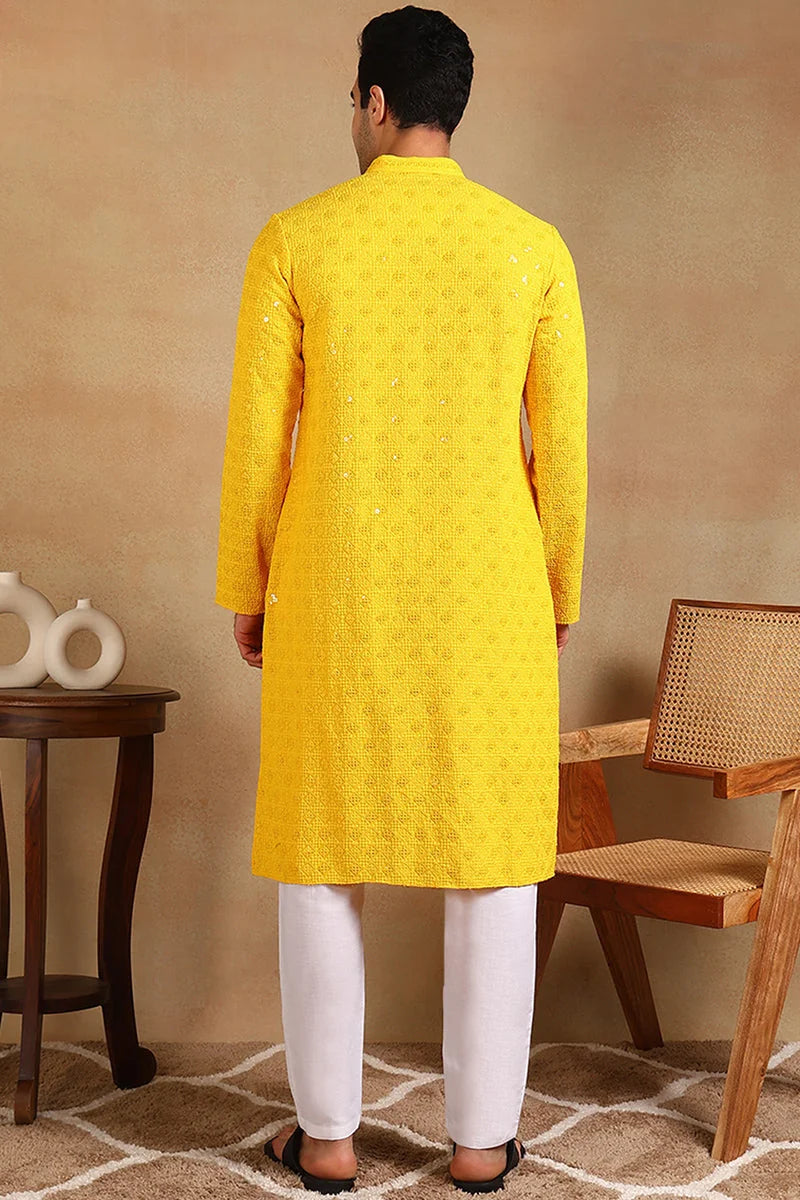 Yellow Embroidered Viscose Kurta for Men | Ethnic Bay