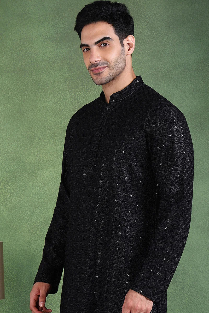 Black Embroidered Mens Kurta - Solid Indian Kurta for Men