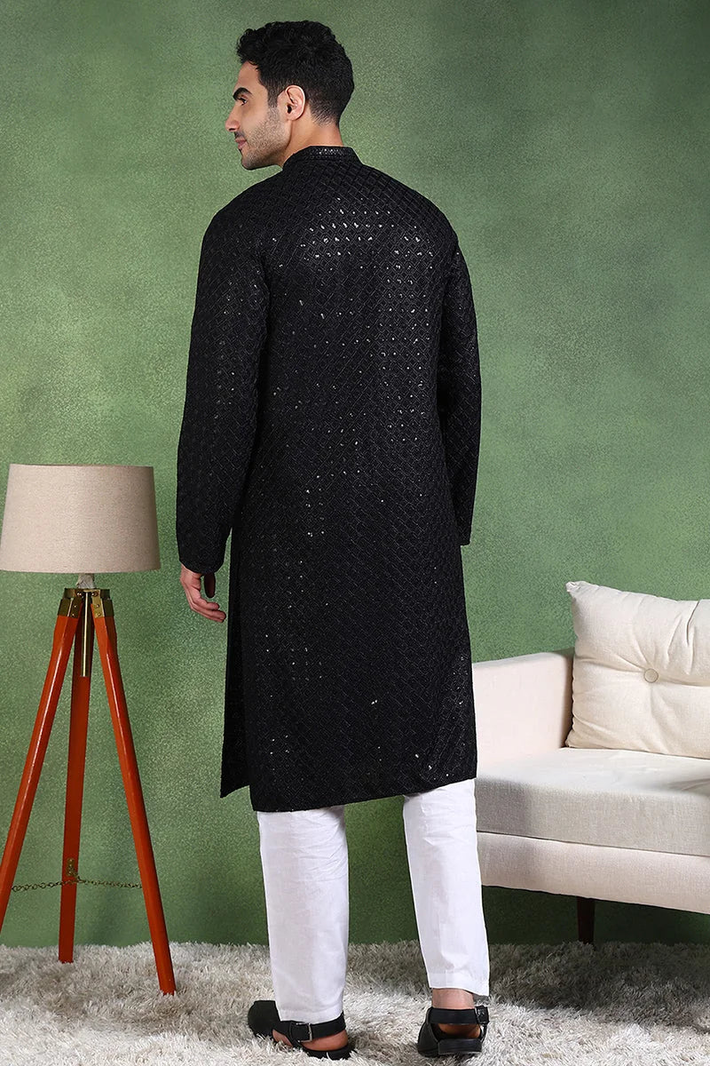 Black Embroidered Mens Kurta - Solid Indian Kurta for Men