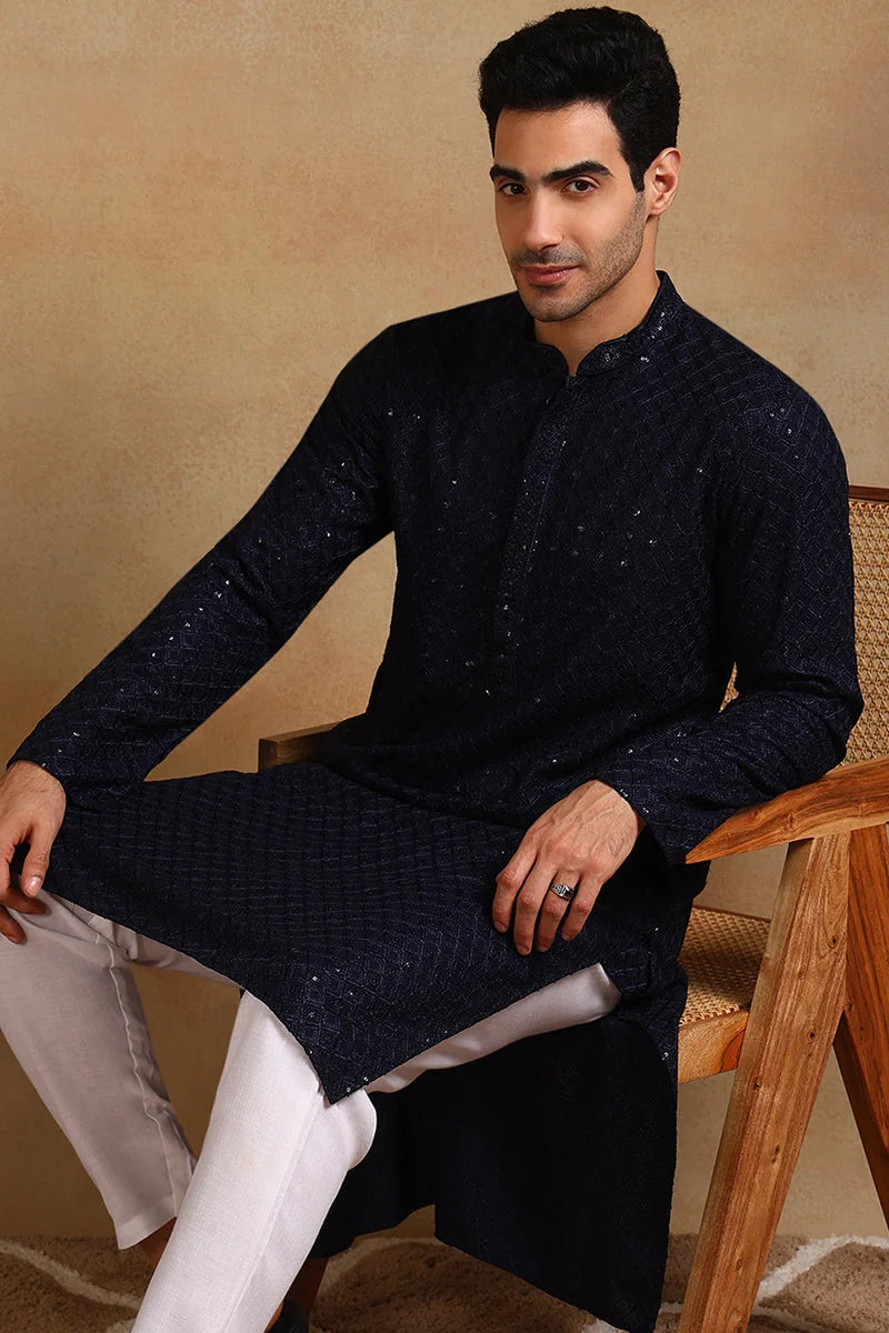 Navy Blue Embroidered Mens Kurta - Indian Kurta for Men