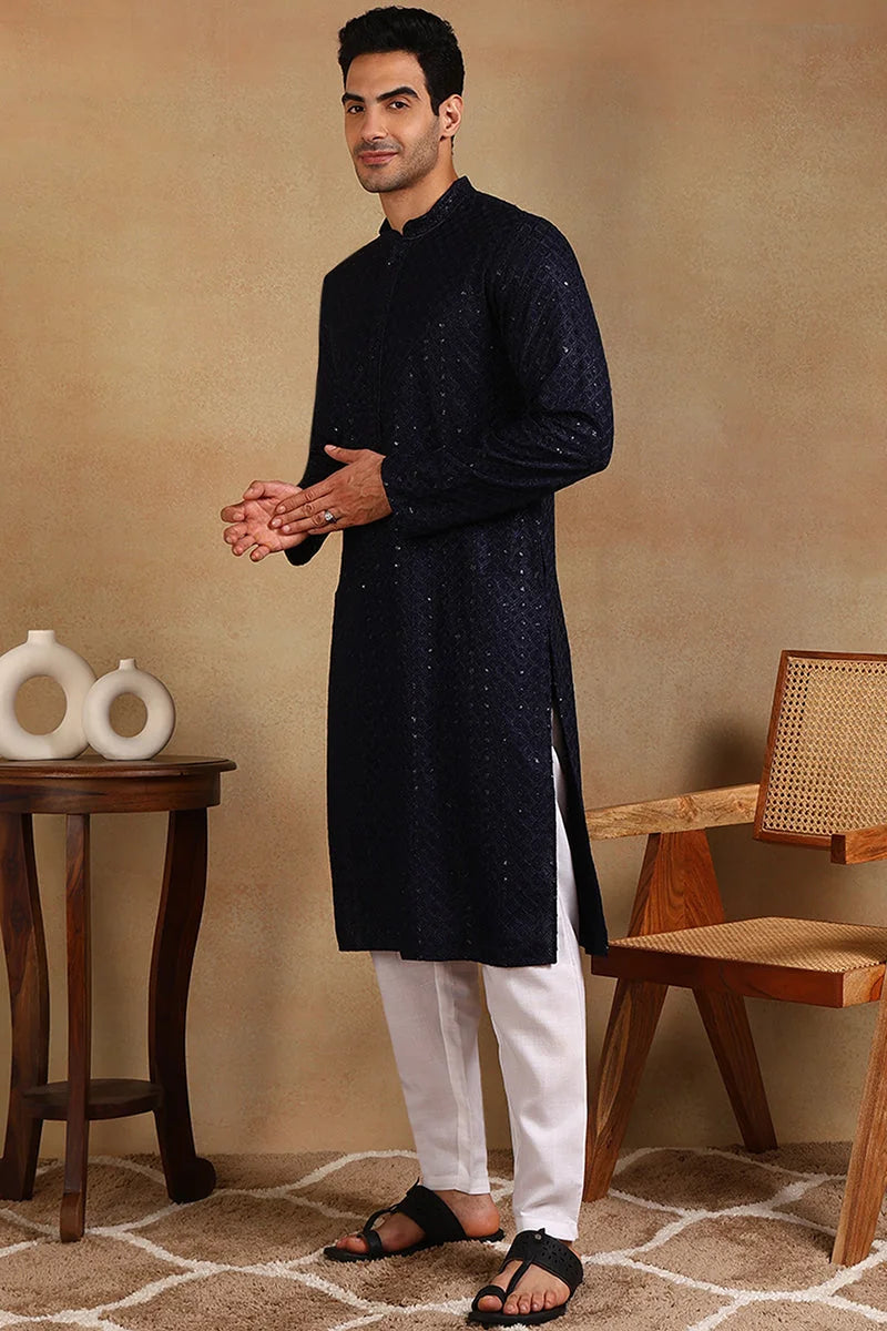 Navy Blue Embroidered Mens Kurta - Indian Kurta for Men