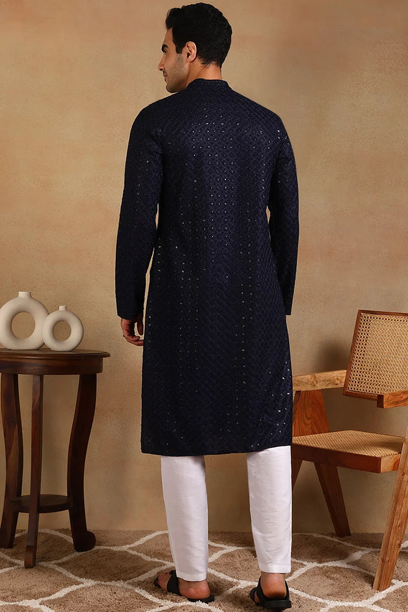 Navy Blue Embroidered Mens Kurta - Indian Kurta for Men
