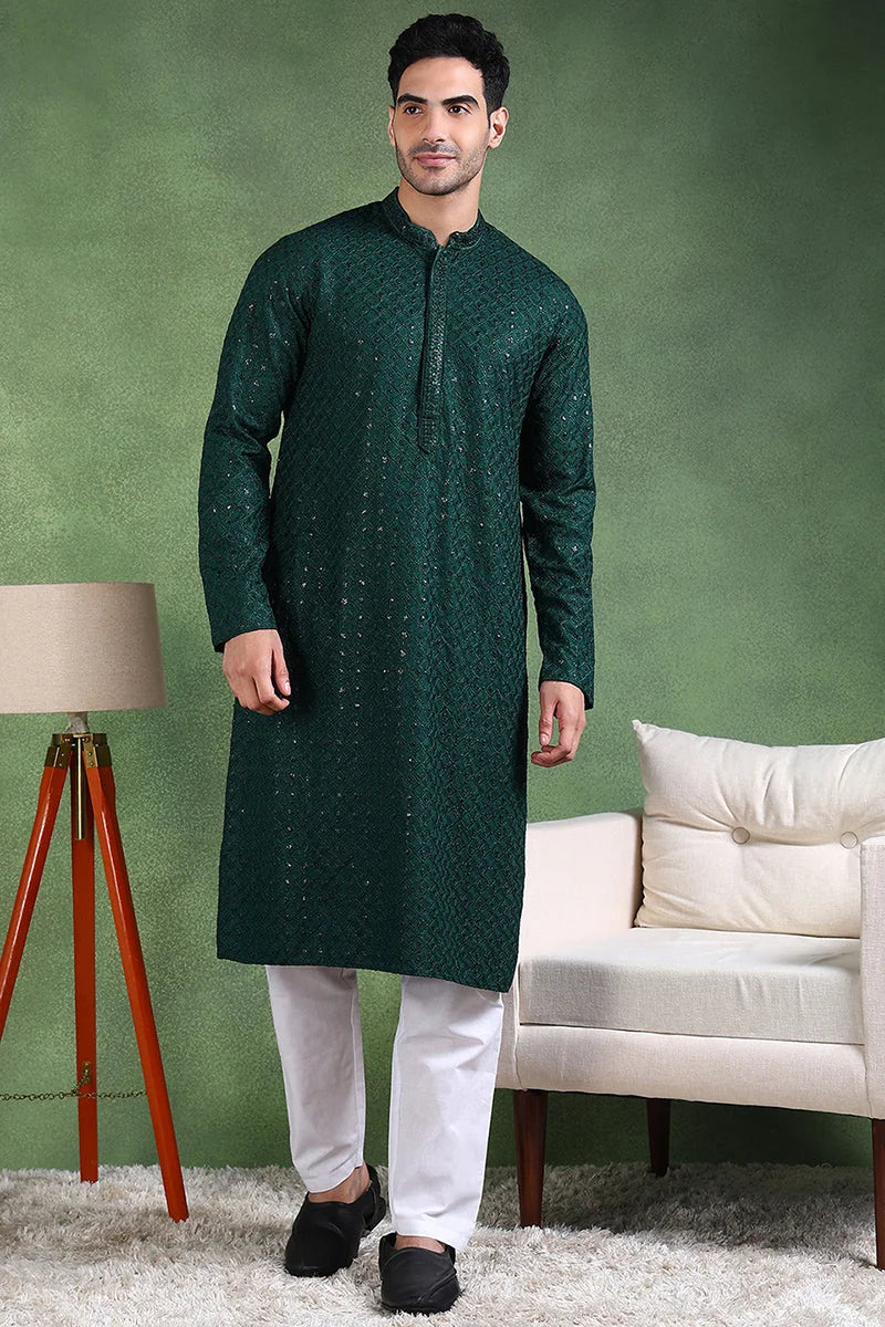 Green Embroidered Mens Kurta - Indian Kurta for Men | Ethnic Bay