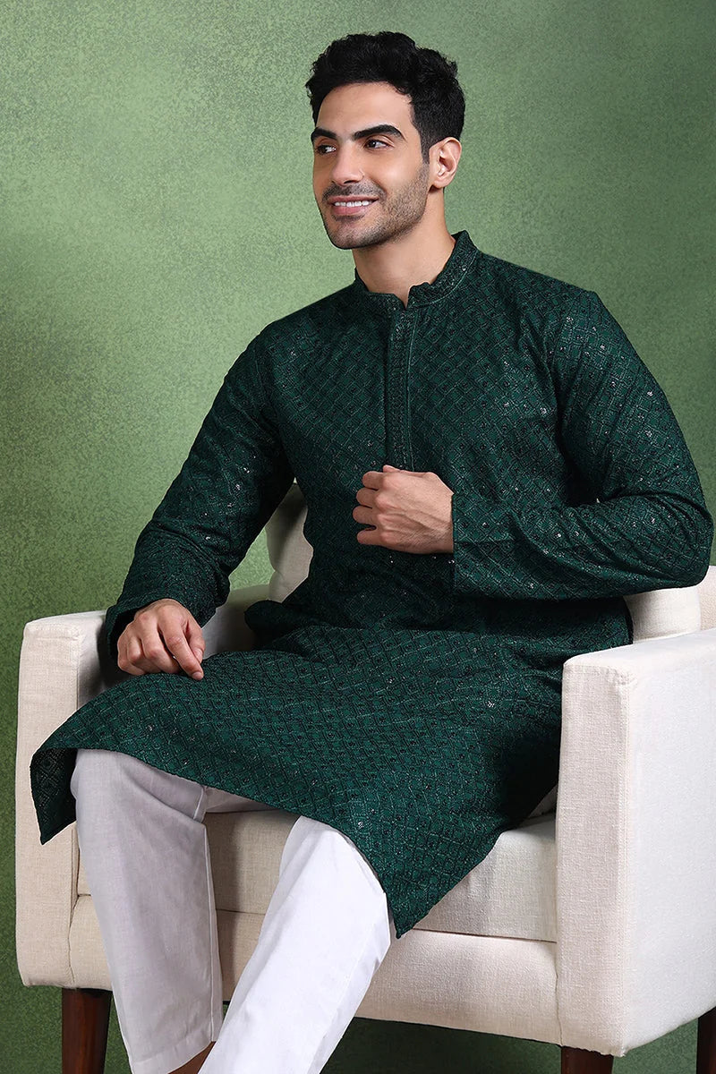 Green Embroidered Mens Kurta - Indian Kurta for Men | Ethnic Bay