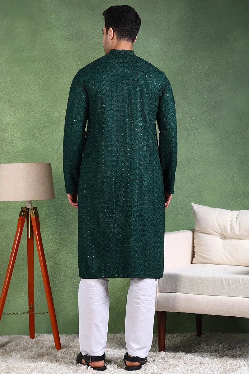 Green Embroidered Mens Kurta - Indian Kurta for Men | Ethnic Bay