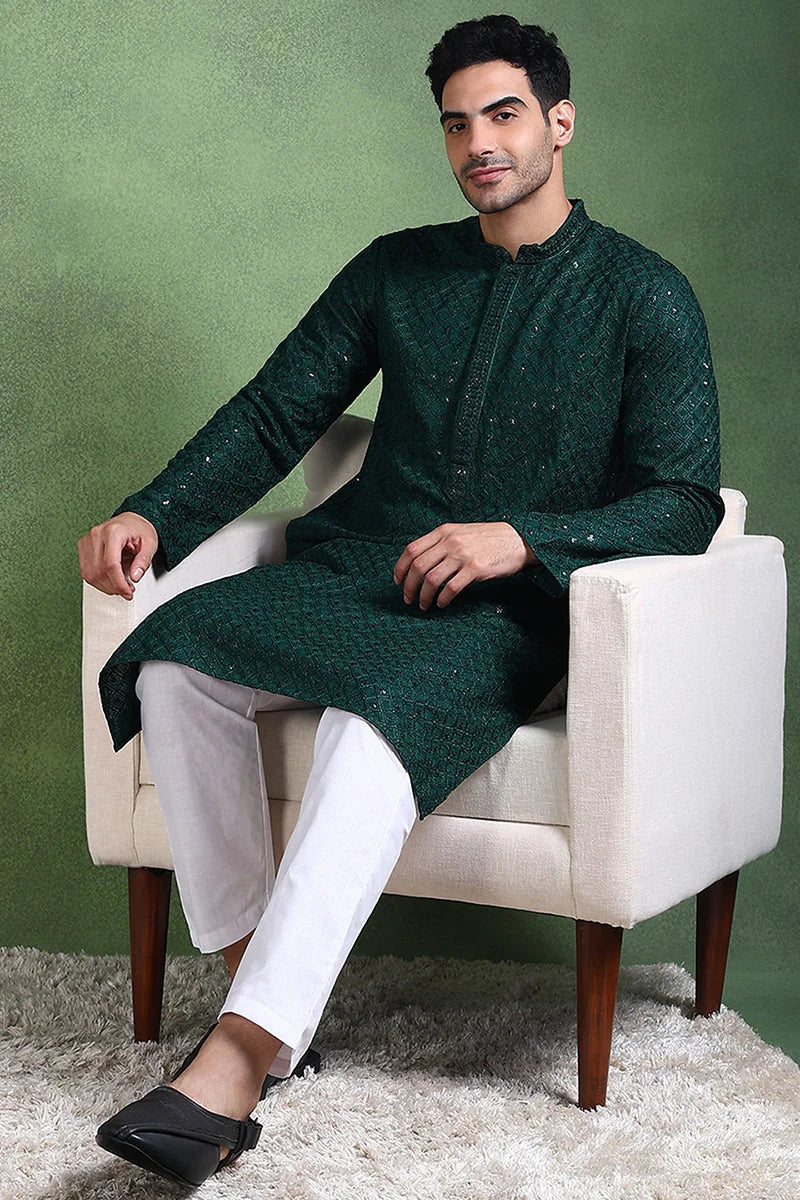 Green Embroidered Mens Kurta - Indian Kurta for Men | Ethnic Bay