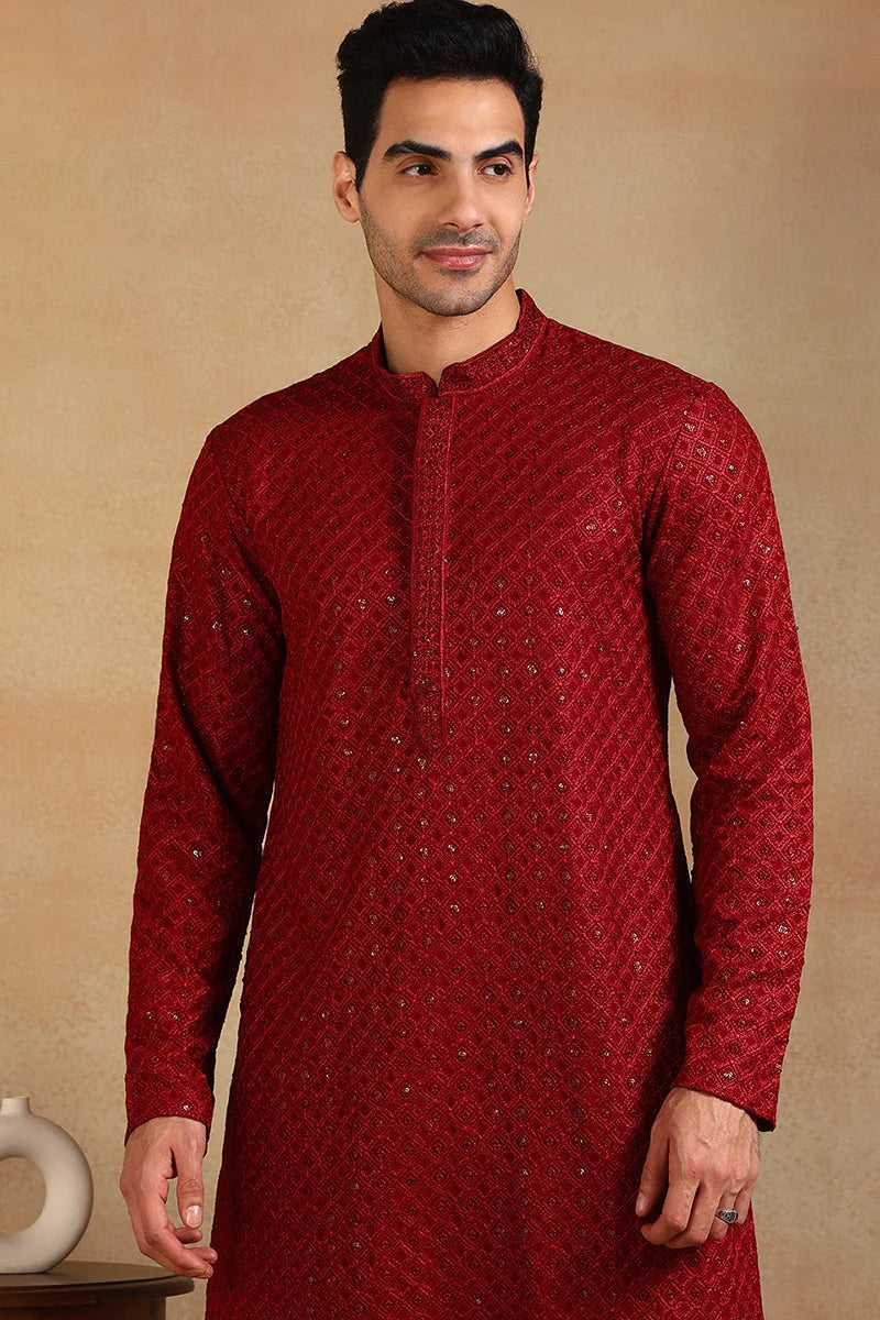 Maroon Embroidered Mens Kurta - Solid Indian Kurta for Men