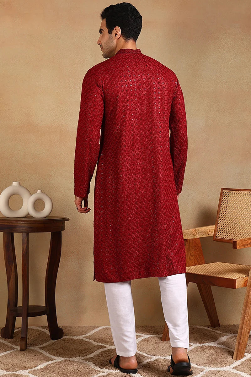 Maroon Embroidered Mens Kurta - Solid Indian Kurta for Men