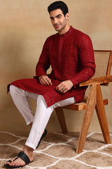 Ethnic Bay Maroon Viscose Rayon Solid Embroidered Straight Kurta For Men MKU1011MRN