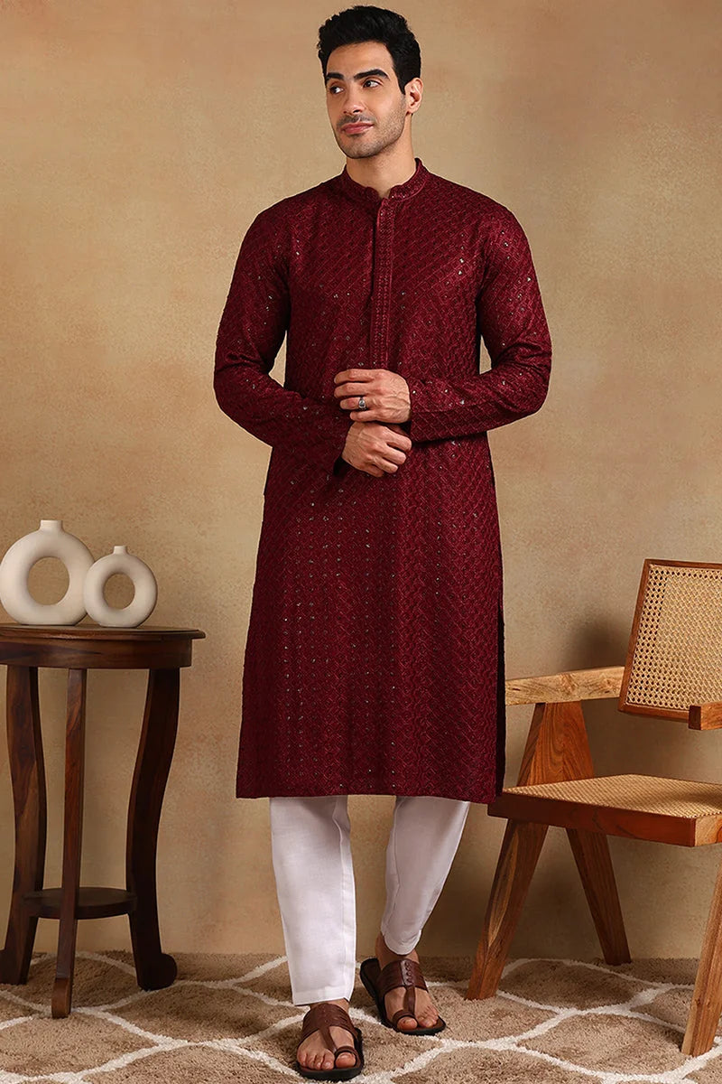 Wine Embroidered Mens Kurta - Wedding Kurta for Men Online