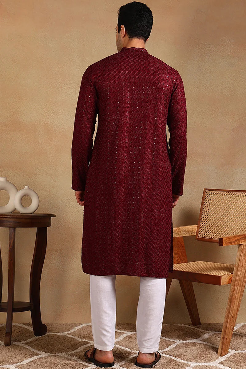 Wine Embroidered Mens Kurta - Wedding Kurta for Men Online