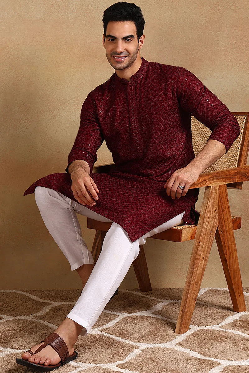 Wine Embroidered Mens Kurta - Wedding Kurta for Men Online