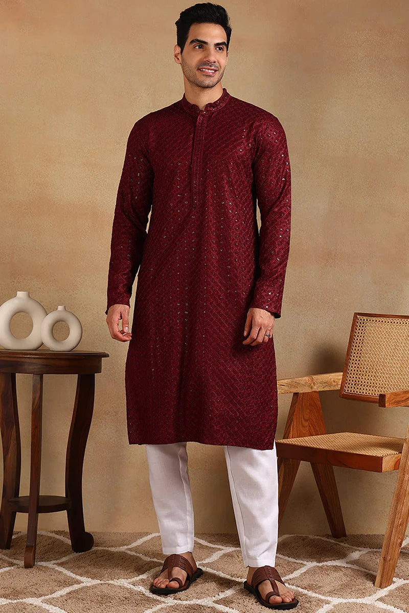 Wine Embroidered Mens Kurta - Wedding Kurta for Men Online