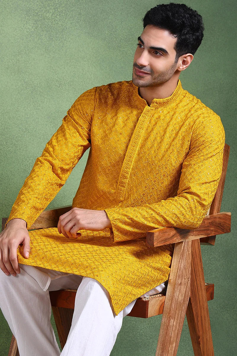 Mustard Embroidered Viscose Kurta for Men | Ethnic Bay