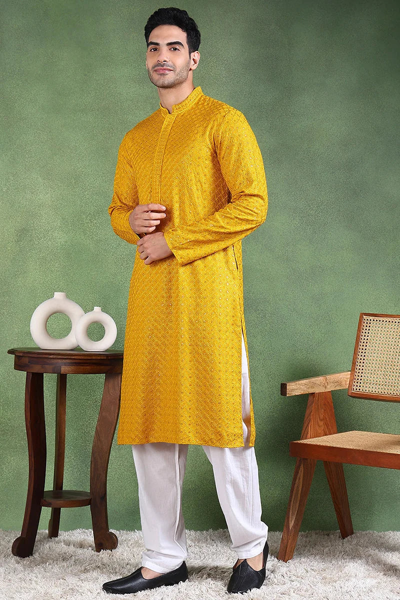 Mustard Embroidered Viscose Kurta for Men | Ethnic Bay