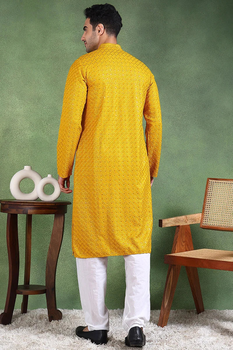 Mustard Embroidered Viscose Kurta for Men | Ethnic Bay
