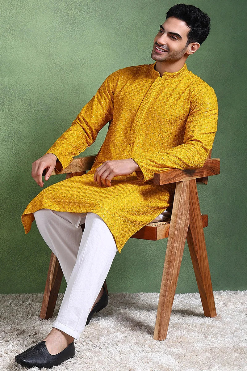 Mustard Embroidered Viscose Kurta for Men | Ethnic Bay