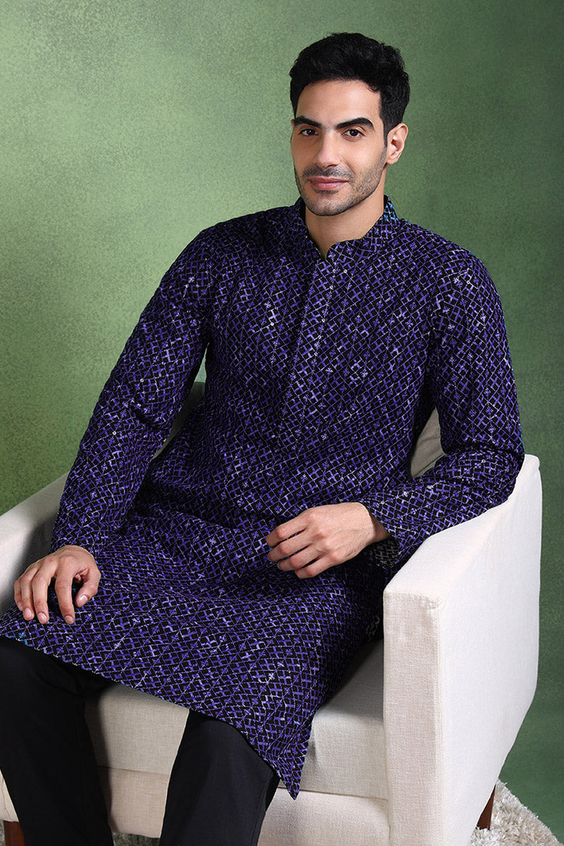 Blue Viscose Rayon Ethnic Motifs Embroidered Straight Kurta For Men MK