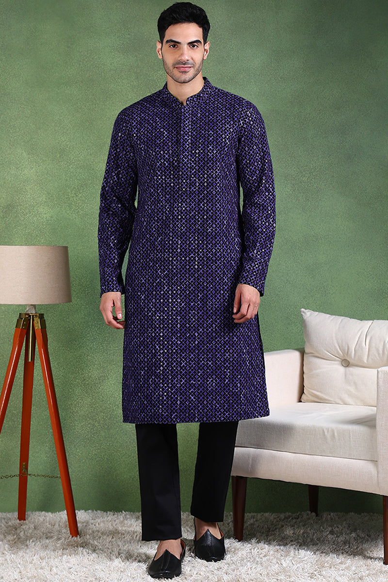 Blue Viscose Rayon Ethnic Motifs Embroidered Straight Kurta For Men MK