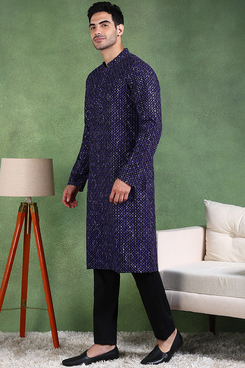 Blue Viscose Rayon Ethnic Motifs Embroidered Straight Kurta For Men MK