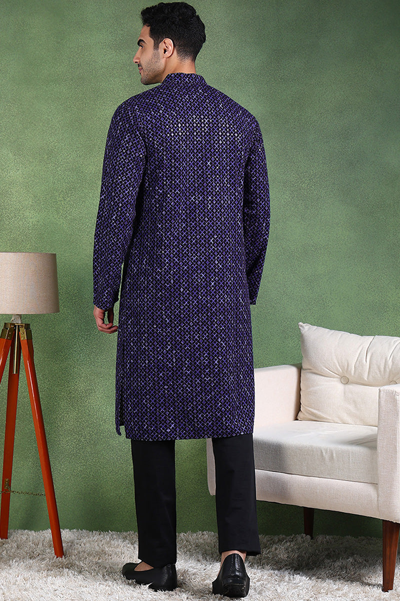 Blue Viscose Rayon Ethnic Motifs Embroidered Straight Kurta For Men MK