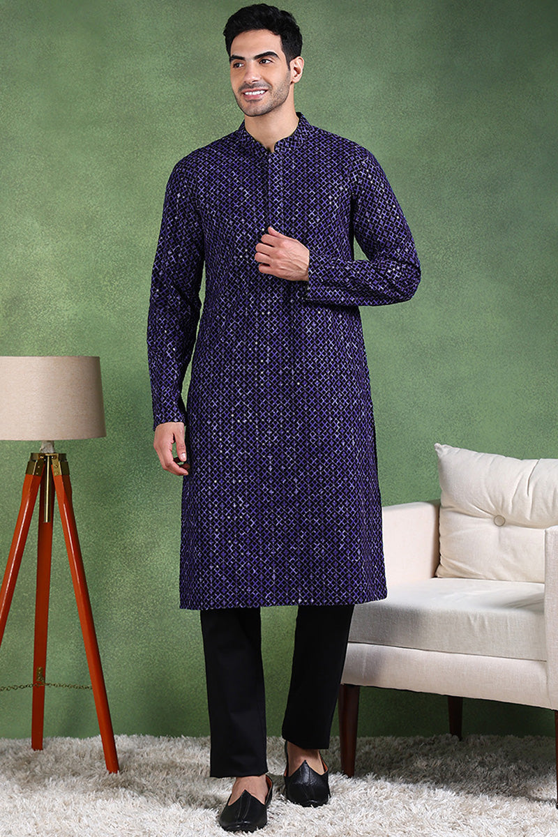Blue Viscose Rayon Ethnic Motifs Embroidered Straight Kurta For Men MK