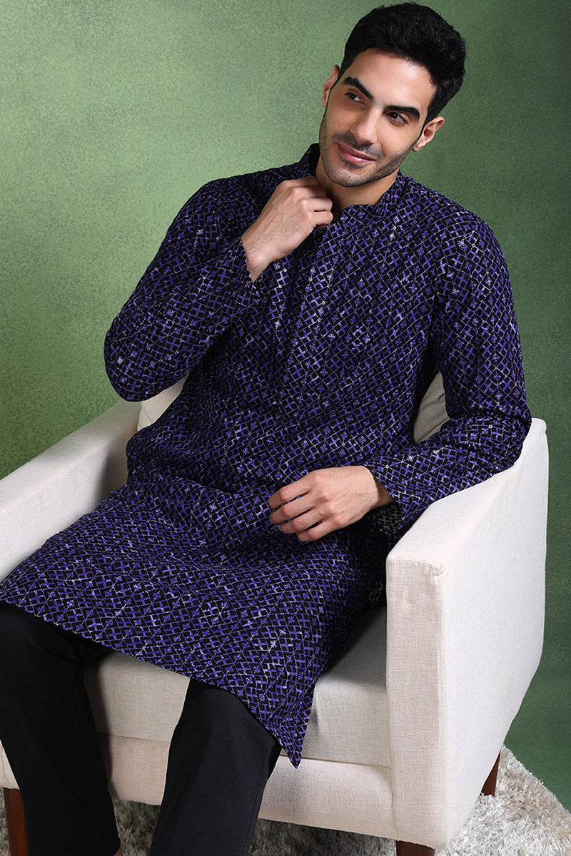 Blue Viscose Rayon Ethnic Motifs Embroidered Straight Kurta For Men MK