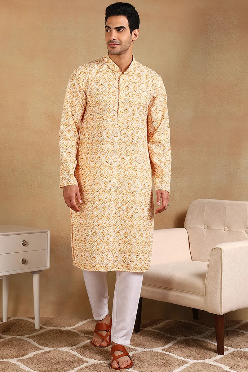 Yellow Geometric Mens Kurta - Embroidered Indian Kurta for Men